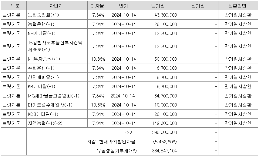 기존 3,900억 브릿지론 내역